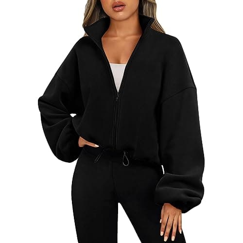 Image of AMDOLE Fleece Jacket Women Womens Drawstring Hem Long Sleeve Crop Oversized Sweatshirt Tops Full Zip Fleece Short Jacket with Pockets S to XXL Black S
