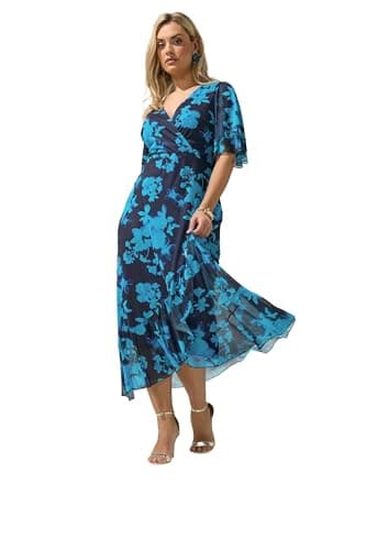 Image of Yours London Curve Navy Blue Floral Mesh Ruffle Hem Dress - Women's - Plus Size Curve