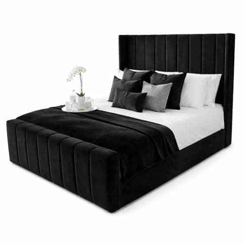 Image of JASSAT Bed with Slats, Upholstered Plush Velvet Bed Frame with Headboard & Footboard, Sturdy Wooden Slatted Base, Double, King & Super King (Black Plush, 4FT SMALL DOUBLE)
