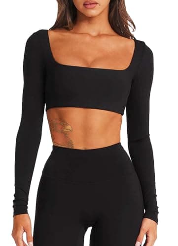 Image of TZLDN Gym Tops for Women Long Sleeve Crop Tops Running Sports Top Square Neck Yoga Workout Activewear Gym Clothes Black M