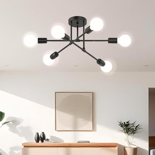 Image of Chandelier Sputnik Ceiling Light, 6 Lights E27 Black Modern Chandelier, Semi-Flush Mount Ceiling Lamp Vintage Ceiling Lighting for Living Room, Bedroom, Dining Room, Kitchen(no shade no bulb)