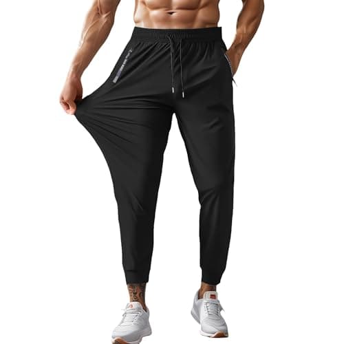 Image of Running Trousers Men Quick Drying Stretch Joggers Loose Fit Elasticated Waist Pants with Zip Pockets Workout Running Athletic Jogging Bottoms Solid Casual Drawstring Sweatpants Black