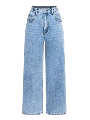 Image of GORGLITTER Girl's High Elastic Waist Jeans Straight Leg Loose Fit Long Denim Trousers Age 8-12 Years Light Wash 10Y