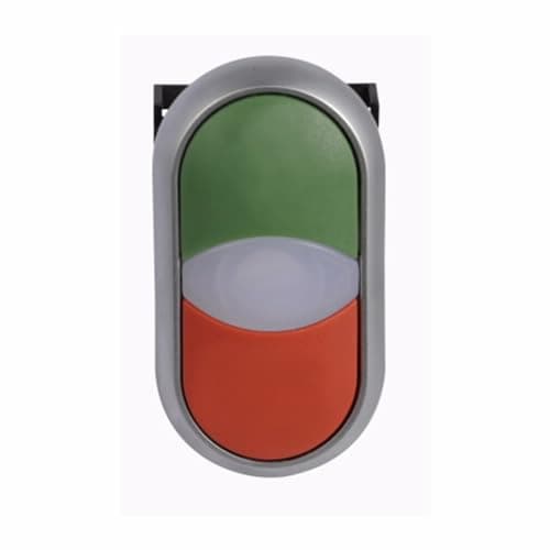 Image of Eaton M22-DDL-GR Double Pushbutton, Illuminated, 22mm Diameter, Green/Red Color, Silver Bezel Color, Off-On Style