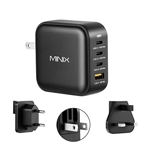 Image of MINIX Neo P3 100W Turbo 4-Port GaN Wall Charger, 3 x USB-C Port Fast Charging Adapter (max. 100W/20W), 1 USB-A (Max 18W). Compatible with MacBook Pro Air, iPad Pro, iPhone 13.12, Galaxy S9 and