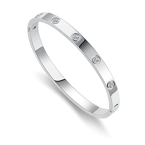 Image of RIMRIVA Silver Bracelets for Women Dainty Silver Bracelet Love Gifts Friendship Bangle Bracelets Trendy Crystal Jewelry Graduation Her Birthday Mom Wife Girlfriend Anniversary Wedding