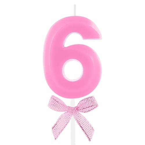 Image of 6th Birthday Candle Pink Bow Number 6 Candles Cake Topper Decorations Happy Birthday for Child Boy Girls Anniversary Celebrations Party Supplies