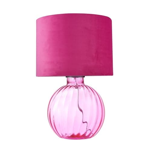 Image of Happy Homewares Contemporary Designer Light Pink Ribbed Glass Round Table Lamp with Matching Velvet Fabric Drum Shade | 1 x E27 60w Maximum | 42cm Height