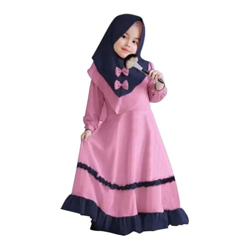 Image of Toddler Girls Muslim Abaya Prayer Dress with Hijab Middle East Arabian Dubai Robe Ramadan Baby Eid Outfits Kids Thobe Islamic Clothing (Pink, 3-4 Years)