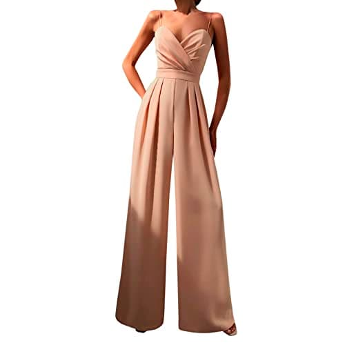 Image of Generisch Jumpsuit Women's Trouser Suit Jumpsuit Set Summer Elegant V-Neck Playsuits Sleeveless Backless Temperament Jumpsuit Loose Trousers with Wide Leg, orange, L