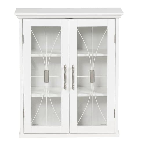 Image of Teamson Home Delaney Bathroom Wooden Wall Cabinet White 7930 With 2 Glass Doors