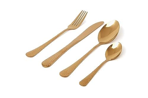 Image of Sabichi Hammered Copper Cutlery Set for 4-16 Piece Stainless Steel Flatware Set - Easy to Clean Gold Cutlery Sets - Tableware Sets with Knives, Forks, Tablespoons, Teaspoons
