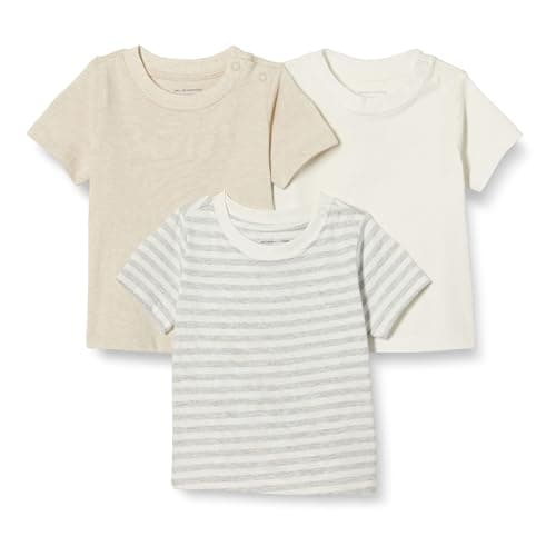 Image of Amazon Essentials Unisex Babies' Short-Sleeved T-Shirts, Pack of 3, Oatmeal Heather/Stripes/White, 18 Months