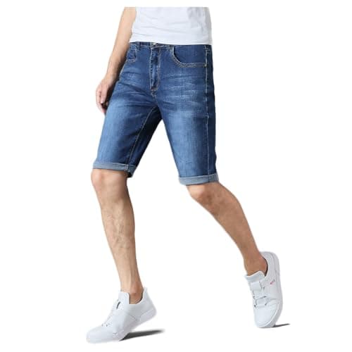 Image of MyShoeStore Mens Original Denim Stretch Shorts Slim Fit Plain Heavy Duty Wash Boys Half Jeans Classic Designer Summer Casual Zip Fly Belt Loop Jean Pants (Dark Blue, 38)