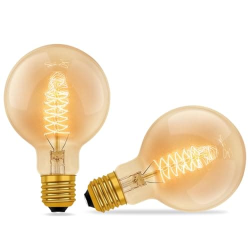 Image of E27 Vintage Edison Light Bulbs Dimmable, Amber Glass Warm White 2700K, 600 Lumen, ES Edison Screw, G80 Globe Vintage Bulb, Spiral Filament Bulbs, Retro Decorative for Ceiling, Chandelier, 2 Pack