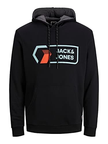 Image of JACK & JONES Mens Hoodie with Kangaroo Pocket Hooded Pullover Long Sleeve Sweatshirt for Men UK, Black Colour, Size: S