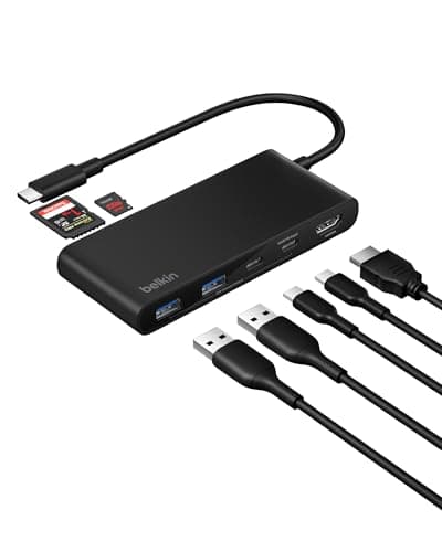Image of Belkin USB C Hub, 7-Port Hub w/ 4K HDMI Display @ 60Hz, SD & MicroSD, 100W Power Delivery, Fast Data Transfer 5Gbps, USB C Multiport Adapter for MacBook, iPad Pro, Chromebook - HDMI 2.0 - Black
