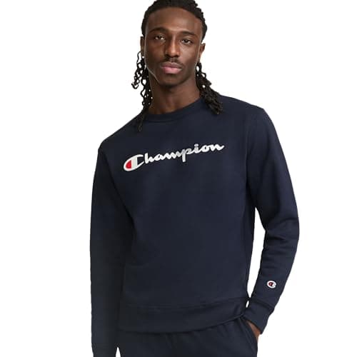 Image of Champion Men's Graphic Powerblend Fleece Crew Sweatshirt, Navy Script, Medium