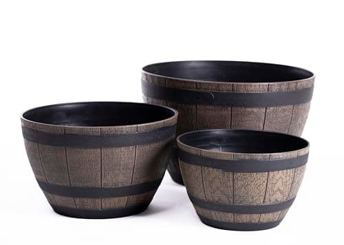 Image of Garden Gear Curved Wooden Barrel Planter Rustic Oak Effect Weatherproof Plastic Outdoor Indoor Flower Pot 3 Sizes Medium Large XL (Set (1 of each size))