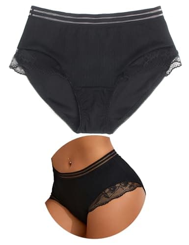 Image of ohmydear Women's Comfort Knickers High Waisted Cotton Crotch Everyday Underwear Lace Trim Ladies Brazilian Knickers Full Coverage Sexy Panties, UK 18 Black