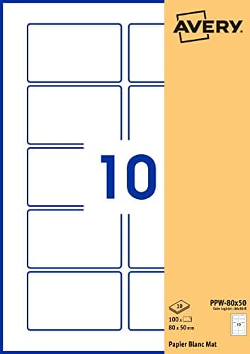 Image of Avery - Pack of 100 Rectangular Self-Adhesive Labels, White Paper, 80 x 50 mm, Customisable and Printable Laser, Inkjet and Copier (PPW-80 x 50.FR)