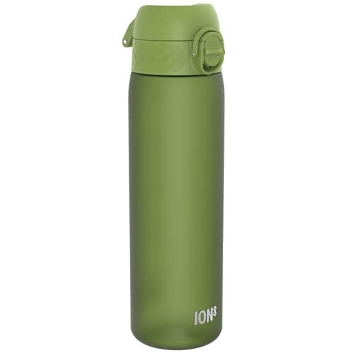 Image of Ion8 Water Bottle, 500 ml/18 oz, Leak Proof, Easy to Open, Secure Lock, Dishwasher Safe, BPA Free, Hygienic Flip Cover, Carry Handle, Fits Cup Holders, Easy Clean, Carbon Neutral, Khaki Green