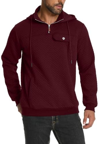Image of MLANM Men's Hoodie Quarter Zip Sweatshirt Long Sleeve Waffle Pullover with Pocket Casual Drawstring Hoody Tops Wine Red XL