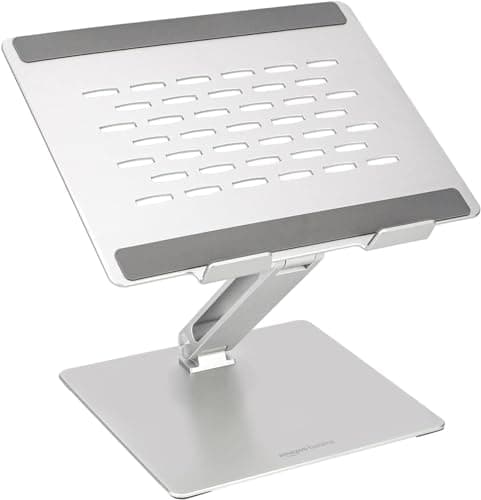 Image of Amazon Basics Adjustable Ergonomic Laptop Stand with Heat Extractor, Continuous Height and Angle Adjustment, Ideal for Laptops up to 43.9 cm (17.3 Inches), 27.9 x 23 x 5.6 cm, Silver
