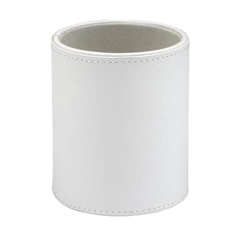 Image of Osco White Faux Leather Pen Pot, Desk Pencil Holder with Wipe-Clean Finish, Compact Round Desk Organizer for Pens, Pencils & Brushes, 7.5cm W x 10.5cm H x 8.5cm Dia