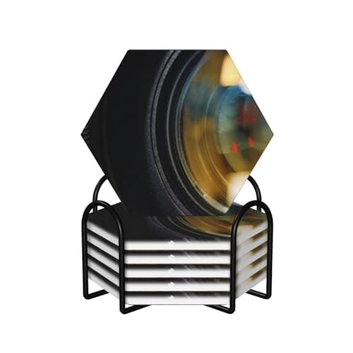 Image of Camera Lens Coasters For Drinks, Round Absorbent Ceramic Stone Coasters Set Of 6 With Holder For For Various Cups, Home Decor, 4 In Hexagon