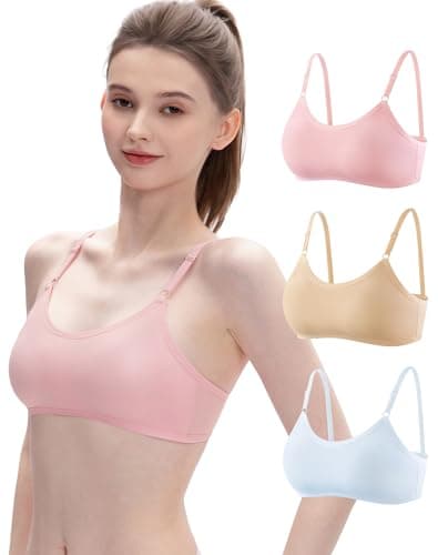 Image of INNERSY Sports Bra for Teenage Girls First Bras Cotton Crop Tops Bralettes Underwear Multipack 3 (XXL, Beige/Pink/Baby Blue)