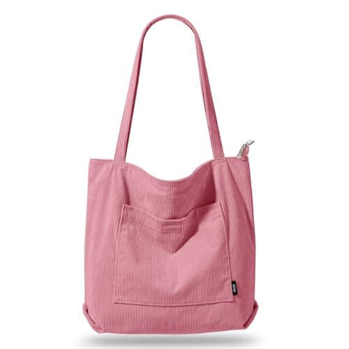 Image of KALIDI Corduroy Tote Bag with Zipper Waterproof Cord Tote Bag for Women with Pockets Compartments Large Capacity Shoulder Bags Handbags for School Work Shopping Travel Daily Use (pink)
