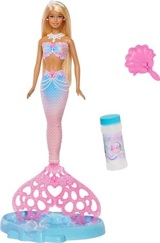 Image of Barbie Bubble Sparkle Mermaid Doll with Bubble-Making Feature & Solution, Tray & Hairbrush, Plus Long, Color-Streaked Blonde Hair, JLW56
