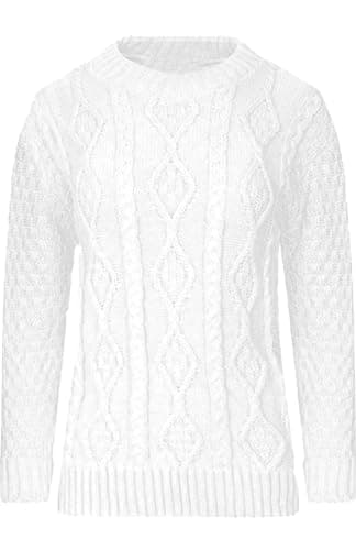 Image of STAR FASHION Cable Knitted Crew Neck Jumper Long Sleeve Womens Aran Knit Jumpers Sweater Pullover Top White XL