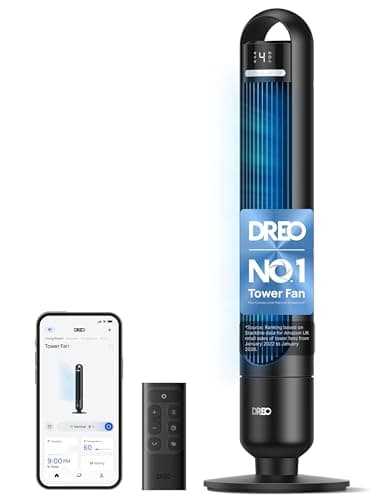 Image of DREO Smart Tower Fan for Bedroom& Home, 26ft/s Powerful Airflow, 33ft Coverage, 1-12H Timer, 4 Speeds, 3 Modes, 28dB Bladeless Fan with App & Voice Control, 90° Oscillating Cooling Fan, LED Display