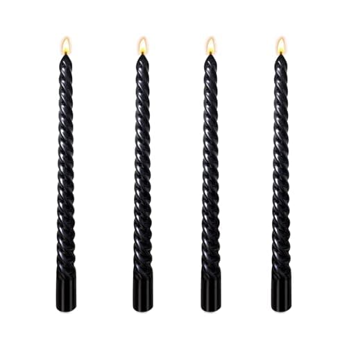 Image of Black Candles, 10 Inch Metallic Black Taper Candles, Pack of 4 Dripless Tall Twisted Candle