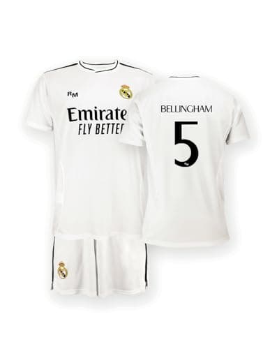 Image of Real Madrid Home Kit Jersey and Shorts, Season 24/25, Bellingham, 14 Years, Replica Shirt with Official License