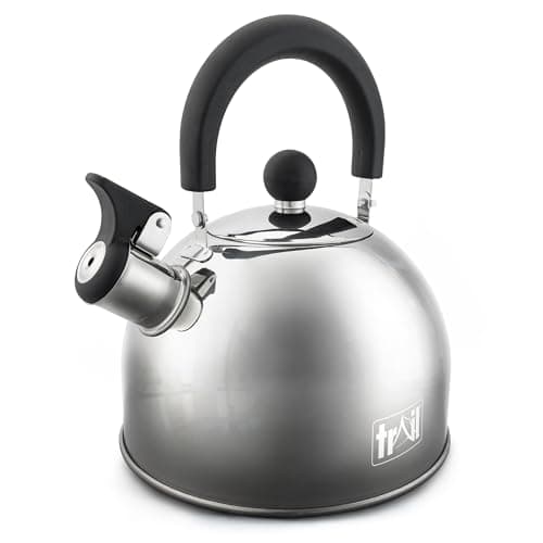 Image of Trail 2L Whistling Camping Kettle, Polished Stainless Steel, Durable Lightweight, Easy Pour Spout, Folding Heat Resistant Handle, Fast Boil Travel, Outdoor Fishing Hiking, 15cm x 18cm, 0.42kg (Silver)