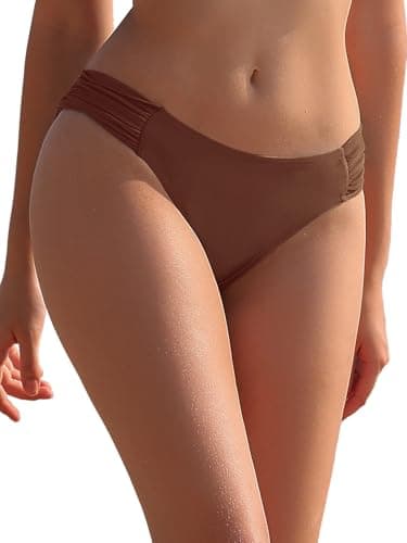 Image of SHEKINI Women's Low Rise Bikini Bottoms Ruched Side Swim Briefs Modest Coverage Swimwear Bottom, Brown, Medium