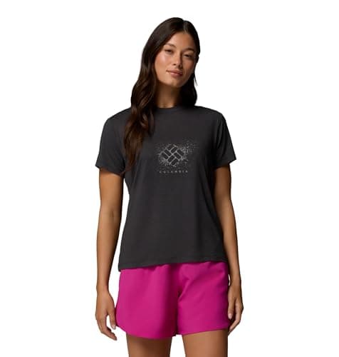 Image of Columbia Women's Parsons Point Short Sleeve Graphic Tee, Short Sleeve T-Shirt, Black Heather/Splattered, X-Small