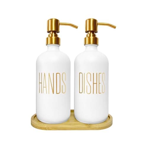Image of Gold Soap Dispenser Set for Kitchen with Bamboo Tray - Hand & Dish Soap Dispenser Set, White Glass Bottles with Gold Printed Labels, 17oz/480ml Each