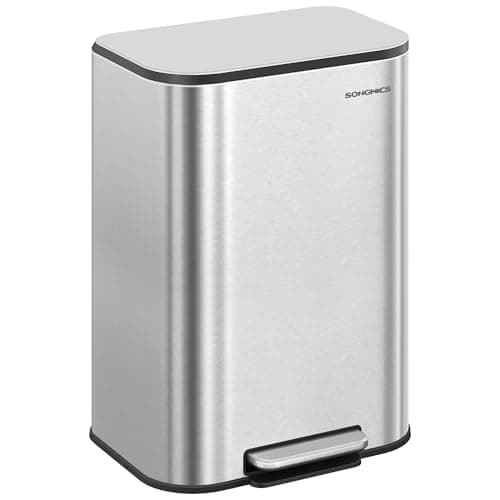 Image of SONGMICS Kitchen Bin, 50 L Pedal Bin, Steel Trash Bin, Soft-Close Lid, Stays Open, Inner Bucket, Wide Non-Slip Pedal, Metallic Silver LTB547E01
