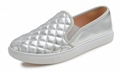 Image of Feversole Women's Casual Slip On Quilted Sneaker Comfort Cupsole Loafer Flats Silver Vegan Leather Quilted Size 5