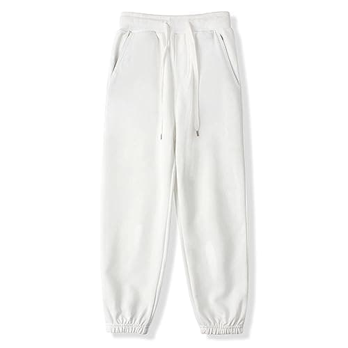 Image of BINIDUCKLING Boys Girls Plain Joggers, Drawstring Tracksuit Bottoms Classic Elasticated Cuff Jogging Pants Kids Casual School Trousers for PE Sports and Games (White,150/8-9Years)