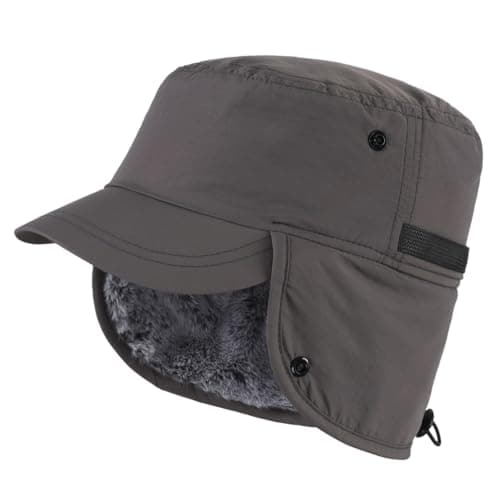 Image of Magracy Outdoor Men's Winter Baseball Cap with Visor Warm Earflap Hat Faux Fur Trapper Hunting Hat Ski Snow Dark Grey