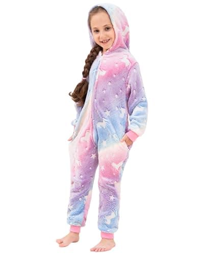 Image of KAKU NANU Girls Onesie Kids Rainbow Unicorn Onesie Fluffy Fleece Jumpsuit Toddler Sleepsuit Unicorn Pink Purple Gifts for Girls Age 3 4 Years