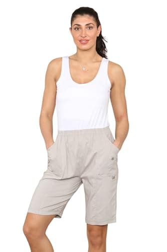 Image of Grunge Wear® Women's Cherry Berry Shorts - Ladies Plain Stretch Fit Pull On Elasticated Waist Summer Short Pants (Stone, UK 18)