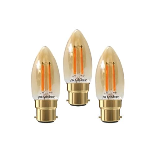 Image of paul russells LED Filament Candle – Dimmable Bayonet Cap B22 Light Bulbs, 4.5Watt 423LM C35 Bulbs, 40w Equivalent, 2200K Extra Warm White Dimmer BC Energy Saving Chandelier Lamps, 3 Pack