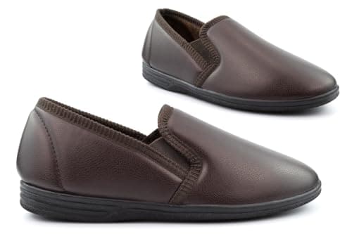Image of Mens Slip On Slippers Mens Faux Leather Slipper Carpet Slipper Boys Slippers Extra Large Size 13 Size 14 Sizes 6-12/13/14 Leather Effect Brown 9 UK