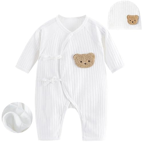 Image of KeCool Newborn Boy Girl Baby Bodysuits Clothes, 100% Cotton Newborn Grows Onesies Comfortable Infant Clothes, Soft Breathable Unisex Baby Outfit Babygrows with Hat for Boys and Girls 1-3 Months